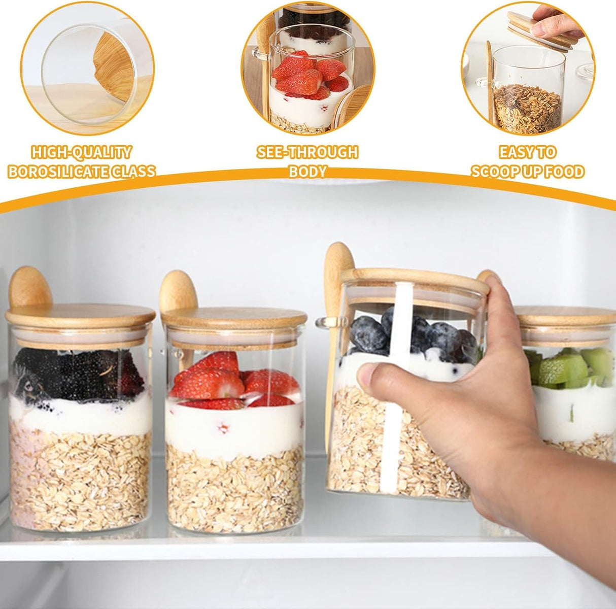 4-pack overnight oats containers with wooden lids and spoons, 473 ml overnight oats jars, glass food containers for oatmeal, chia seed pudding, yoghurt, salad and breakfast cereals