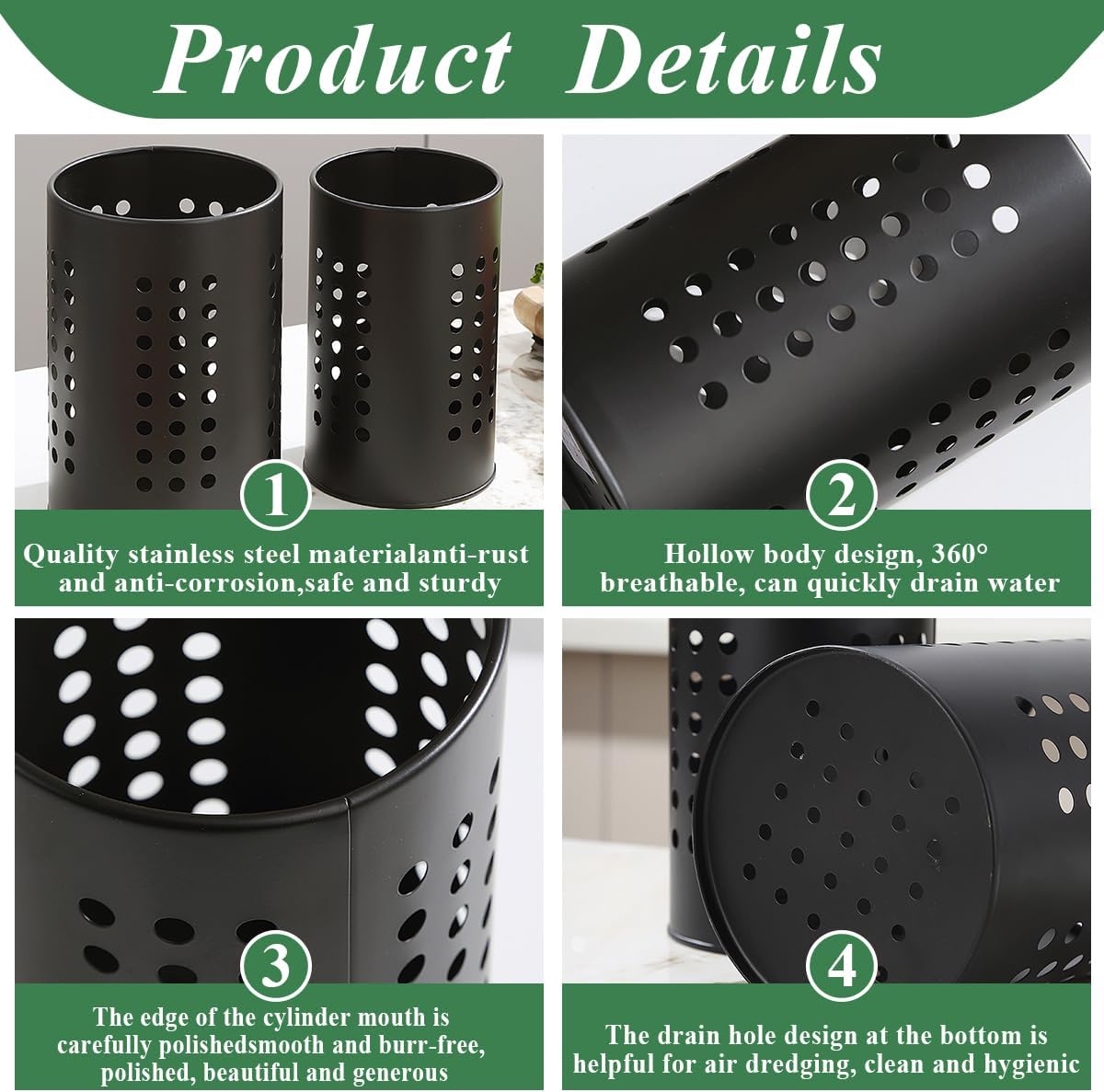 Cutlery holder for crockery, suitable for countertops, 2-pack, stainless steel black kitchen utensil holder, stylish storage box and decorative kitchen utensil pot, perfect gift for a new house or apartment