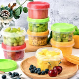 12 reusable 8-ounce plastic food containers with lids - deli containers - stackable food storage pots - dishwasher safe - microwave safe and freezer safe (red/green/yellow)