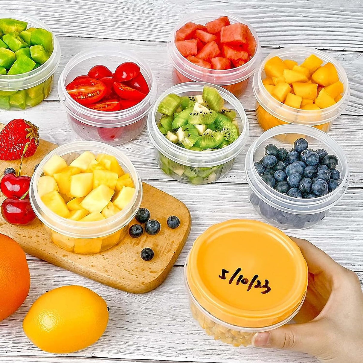 12 reusable 8-ounce plastic food containers with lids - deli containers - stackable food storage pots - dishwasher safe - microwave safe and freezer safe (red/green/yellow)