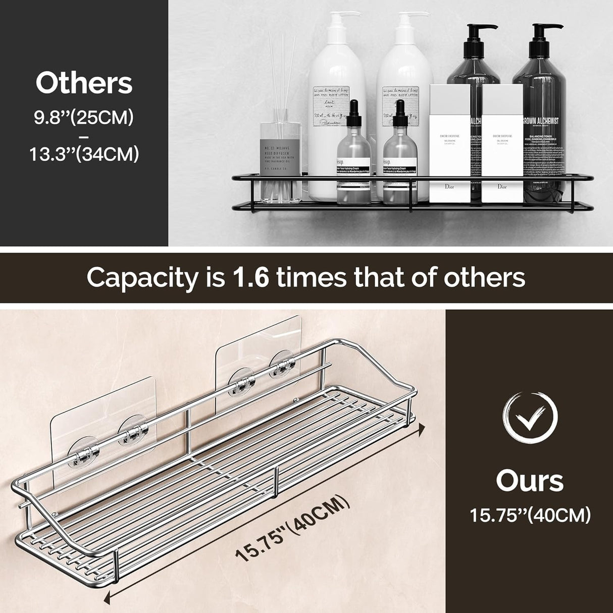 Storage rack for the bathroom, shower and kitchen - uses traceable transparent glue - no drilling required - stainless steel SUS304 - 15.75 inches - silver