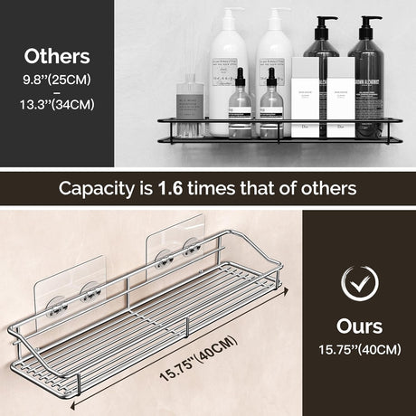 Storage rack for the bathroom, shower and kitchen - uses traceable transparent glue - no drilling required - stainless steel SUS304 - 15.75 inches - silver