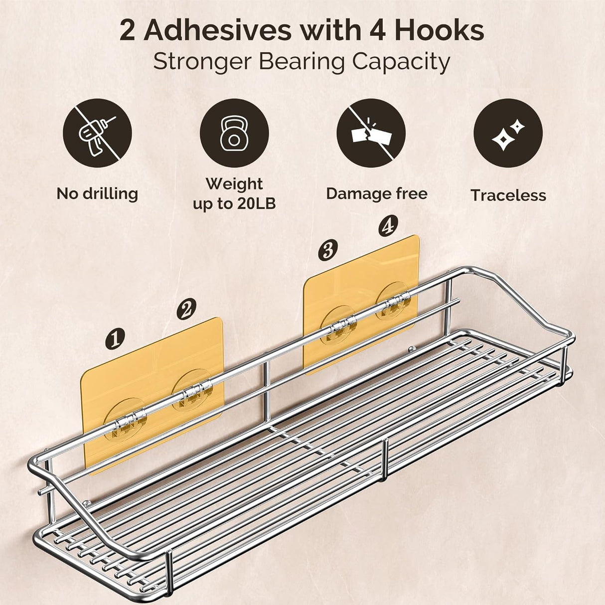 Storage rack for the bathroom, shower and kitchen - uses traceable transparent glue - no drilling required - stainless steel SUS304 - 15.75 inches - silver