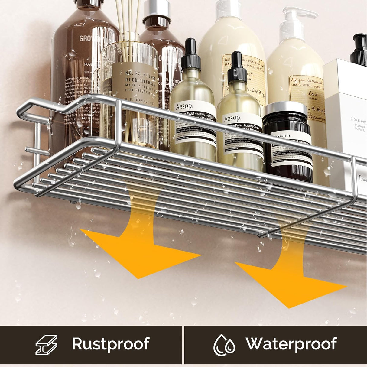 Storage rack for the bathroom, shower and kitchen - uses traceable transparent glue - no drilling required - stainless steel SUS304 - 15.75 inches - silver