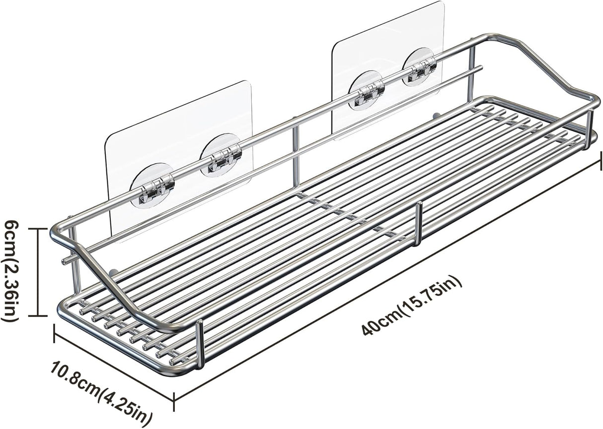 Storage rack for the bathroom, shower and kitchen - uses traceable transparent glue - no drilling required - stainless steel SUS304 - 15.75 inches - silver