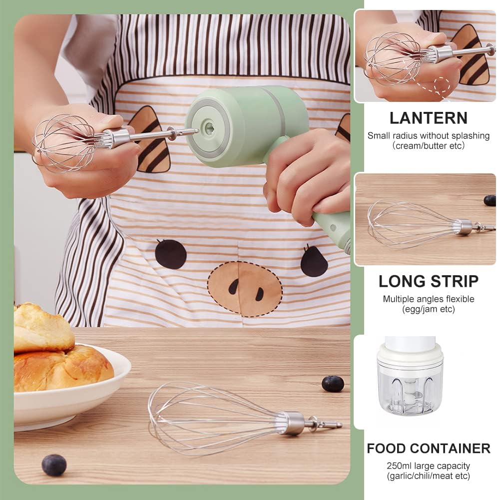 Handheld cordless electric blender - comes with 3 accessories - portable multi-functional food blender - can be used to blend eggs, whip cream, and chop garlic.