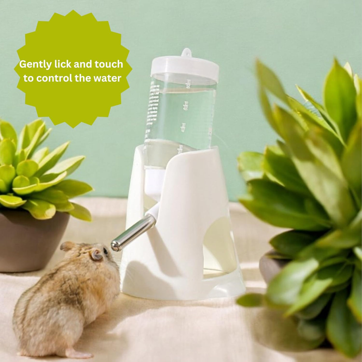 White hamster water bottle with standard, food bowl base, automatic water dispenser, suitable for dwarf hamsters, gerbils and other small animals.