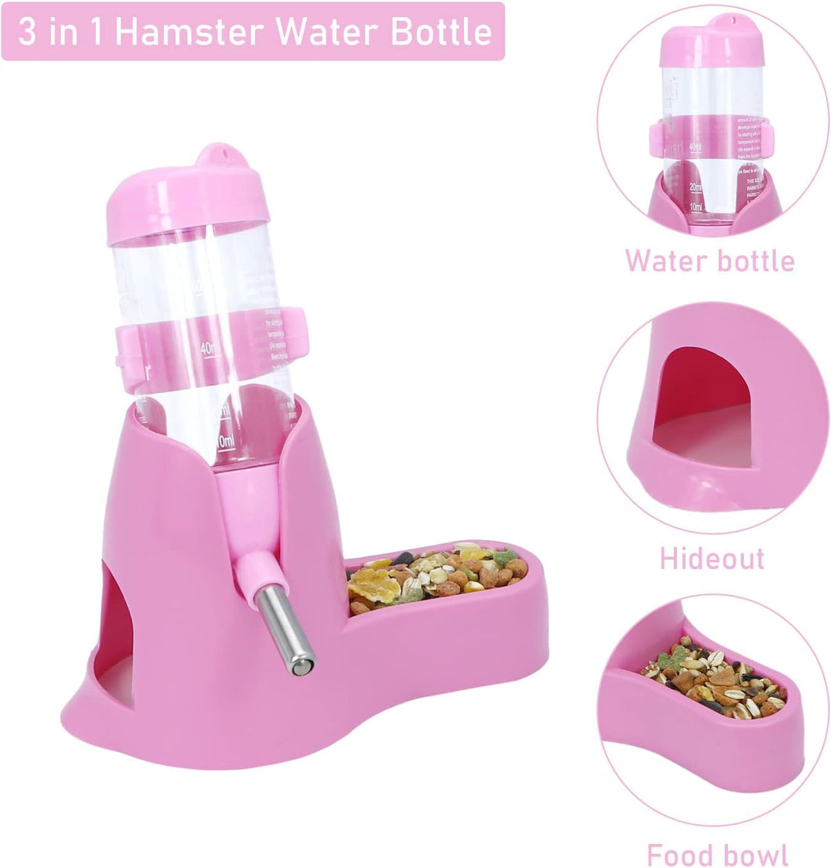 Water bowl for small animals - 3-in-1 hanging water bottle for hamsters - Automatic pet water bowl with stand - Suitable for dwarf hamsters, mice, rats and hedgehogs (80 ml - Pink)