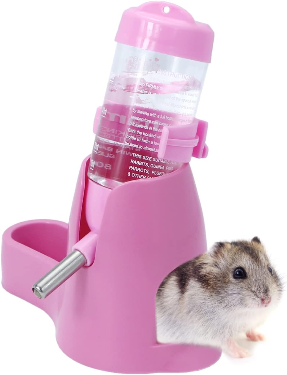 Water bowl for small animals - 3-in-1 hanging water bottle for hamsters - Automatic pet water bowl with stand - Suitable for dwarf hamsters, mice, rats and hedgehogs (80 ml - Pink)