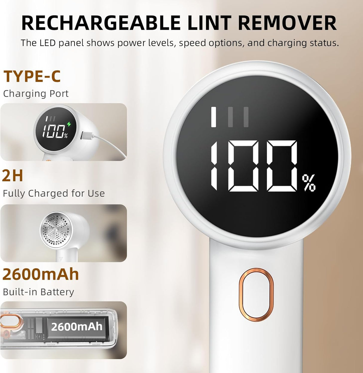 Lint Remover - Lint Remover for Cotton Fabrics - Rechargeable Lint Remover - Electric Portable Sweater Shaver - 3 Speed Settings - LED Digital Display - Removes lint from clothing, furniture, sweaters, couches and blankets.
