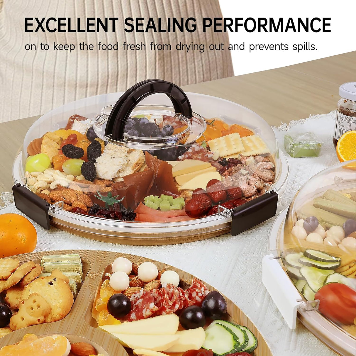 Eetblad - Bamboo plate with clear lid - Dried fruit plate - Rice picnic - Portable - Deli container - Meat- Wood eco-friendly- and fruit bowl - Housewarming gift for a new home