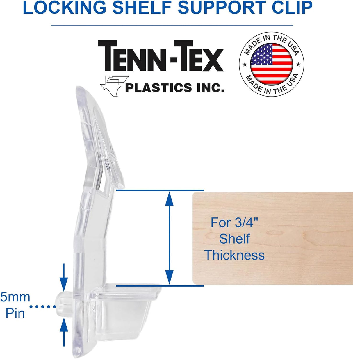 Self-Locking Shelf Support Clips, Made in The USA - for 3/4" Thick Shelves, 5mm Dowel Peg - for Kitchen Cabinet, Cupboard, Pantry, Closest, Book Shelves - Clear Plastic Clip (8, Clear)