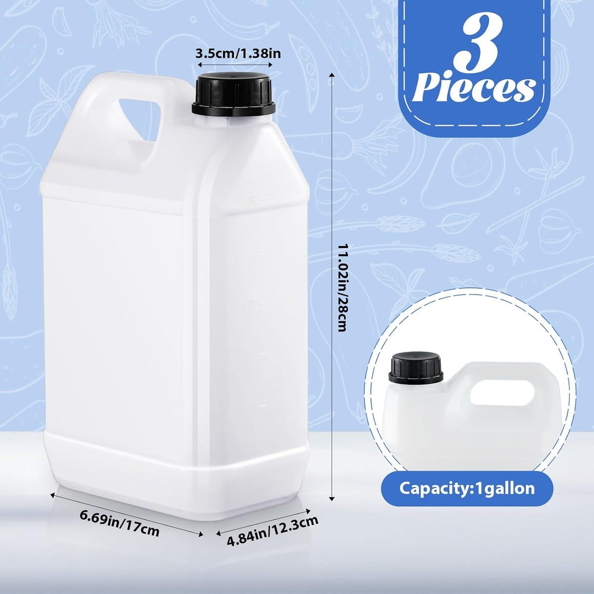 3 Pcs 1 Gallon Plastic Jug with Lids Square Empty Storage Containers Hdpe Carboy Plastic Jar Containers for Milk Water Beverage Oil Liquids (Translucent Color)