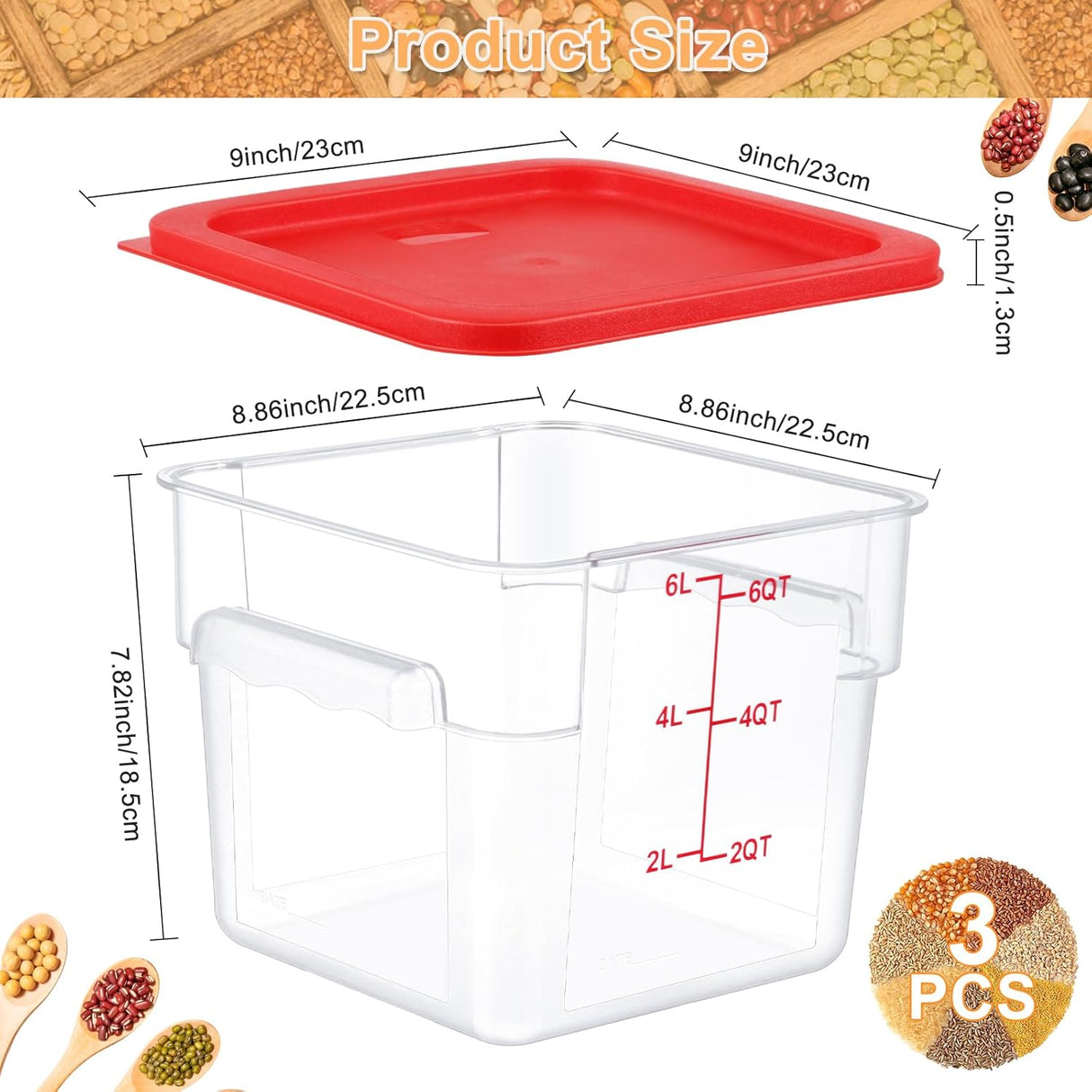 3 Sets 6 Qt Square Food Storage Containers with Lids Dough Proofing Bucket Commercial Polycarbonate Containers with Scale Clear Airtight Cereal for Pantry Home Restaurant (Red)