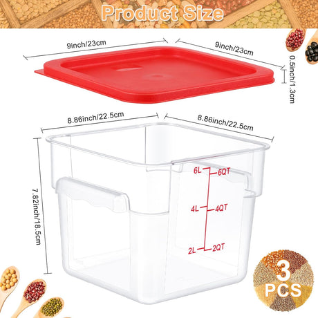 3 Sets 6 Qt Square Food Storage Containers with Lids Dough Proofing Bucket Commercial Polycarbonate Containers with Scale Clear Airtight Cereal for Pantry Home Restaurant (Red)