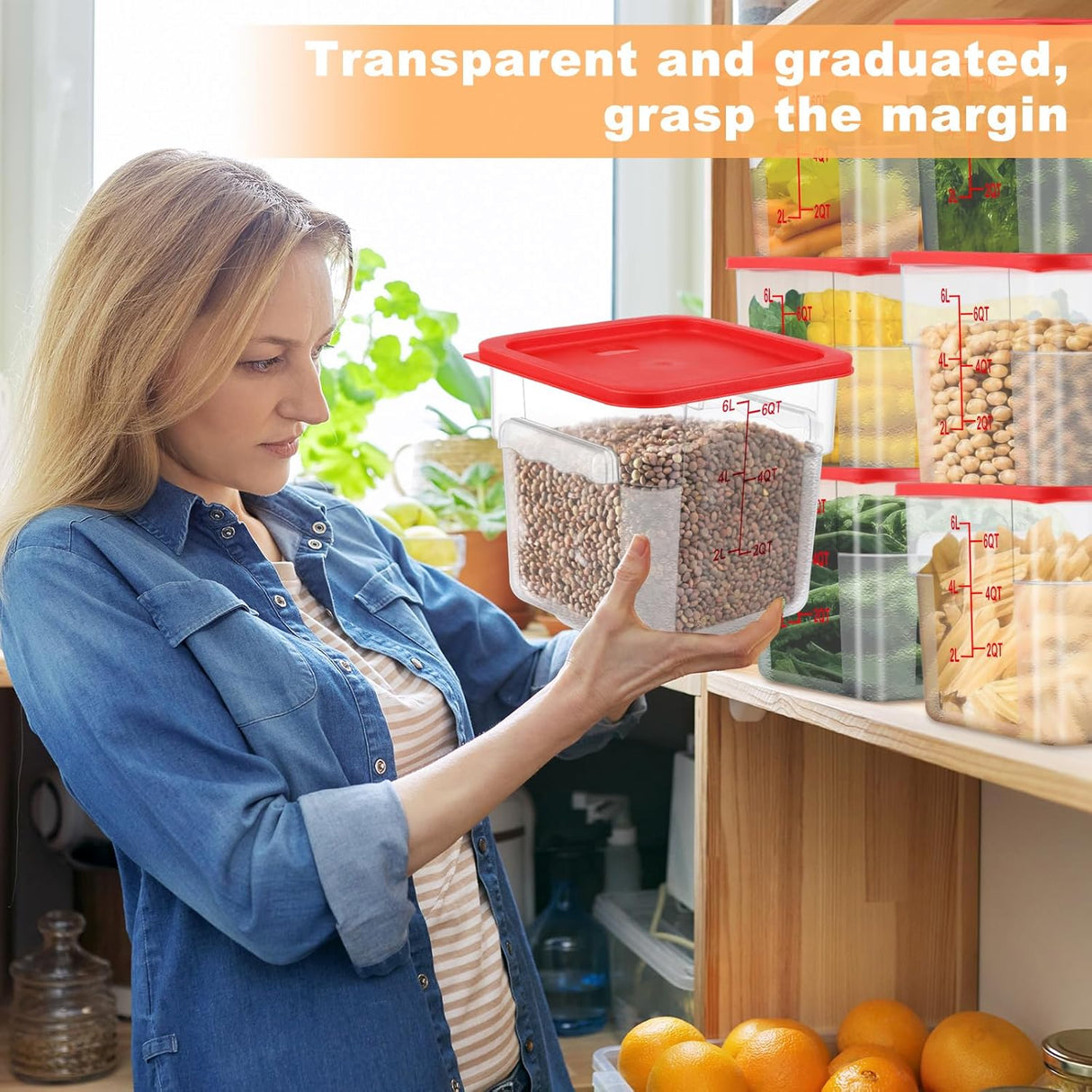 3 Sets 6 Qt Square Food Storage Containers with Lids Dough Proofing Bucket Commercial Polycarbonate Containers with Scale Clear Airtight Cereal for Pantry Home Restaurant (Red)