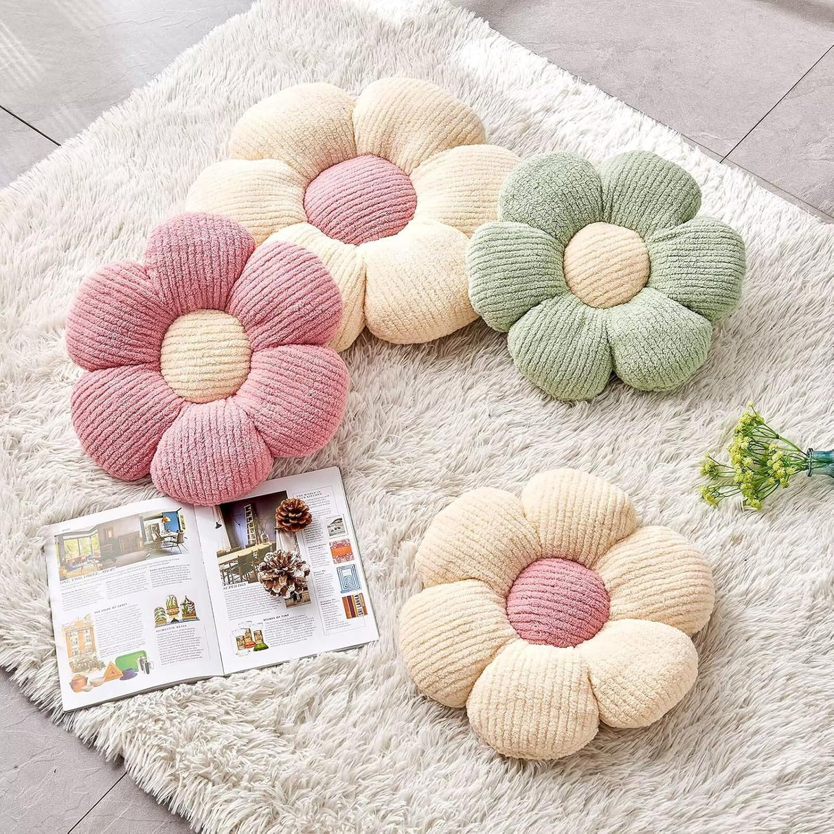 Flower Throw Pillow, Soft Sage Green 14.9" Shaped Floor Pillow for Home Decor, Cute Aesthetic Plush Decorative Pillows for Bed, Sofa, Couch