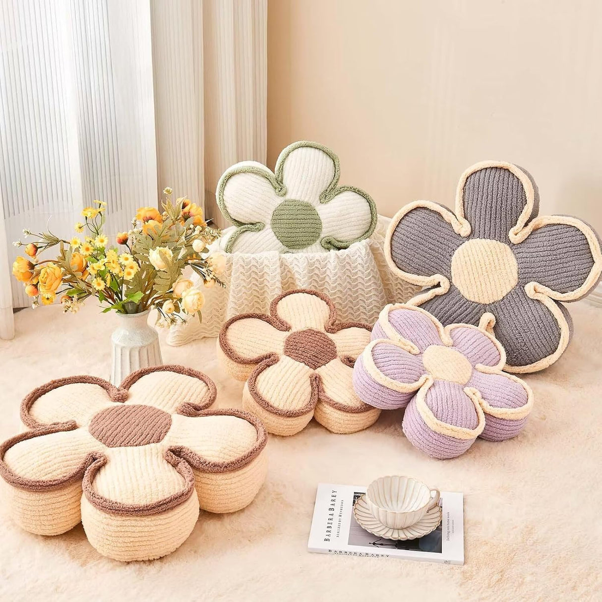 Soft Flower Shaped Floor Cushion, Plush Decorative Throw Pillow, Cute Seating Cushion, Room Decor Plush Pillows for Sofa Couch Bed (13.7 Inch, White)