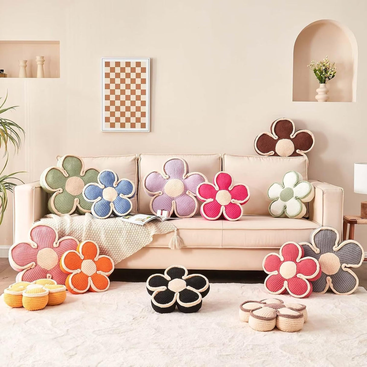 Soft Flower Shaped Floor Cushion, Plush Decorative Throw Pillow, Cute Seating Cushion, Room Decor Plush Pillows for Sofa Couch Bed (13.7 Inch, White)