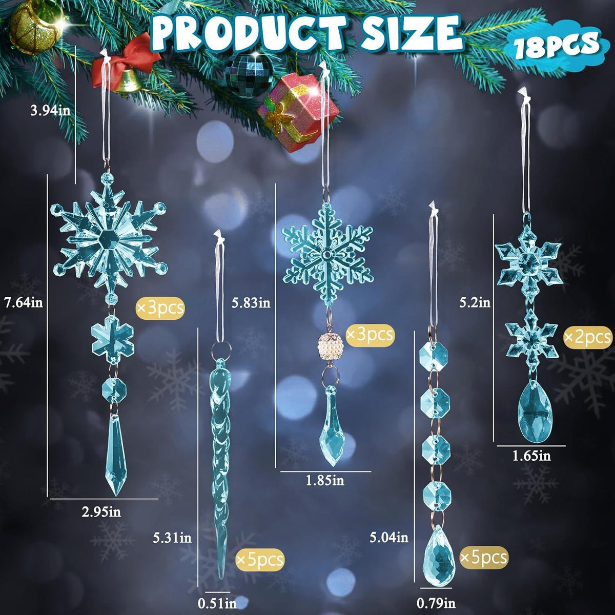 Christmas Crystal Snowflake Ornament 18-Piece Set - Hanging Acrylic Ice Snowflake Decorations for Christmas Tree - with Ribbon - Blue
