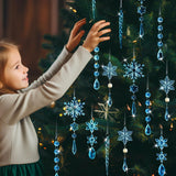 Christmas Crystal Snowflake Ornament 18-Piece Set - Hanging Acrylic Ice Snowflake Decorations for Christmas Tree - with Ribbon - Blue