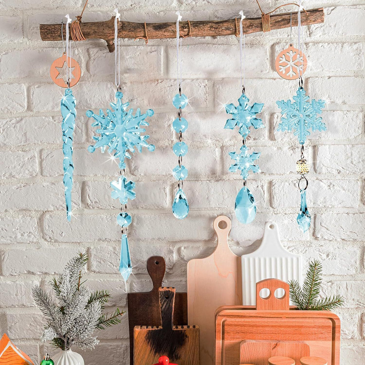 Christmas Crystal Snowflake Ornament 18-Piece Set - Hanging Acrylic Ice Snowflake Decorations for Christmas Tree - with Ribbon - Blue