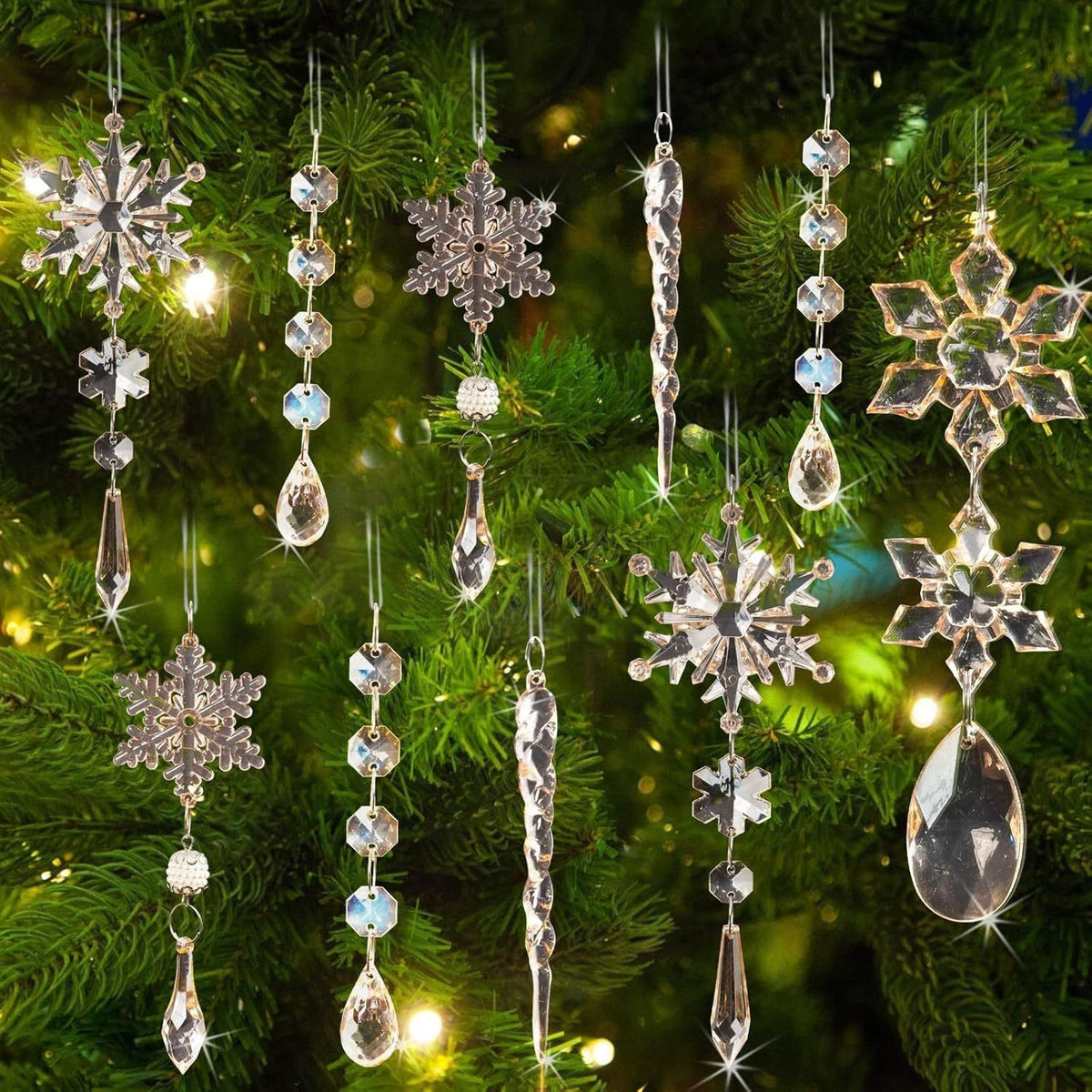 Christmas Crystal Snowflake Ornament 18-Piece Set - Hanging Acrylic Ice Snowflake Decorations for Christmas Tree - with Ribbon - Champagne