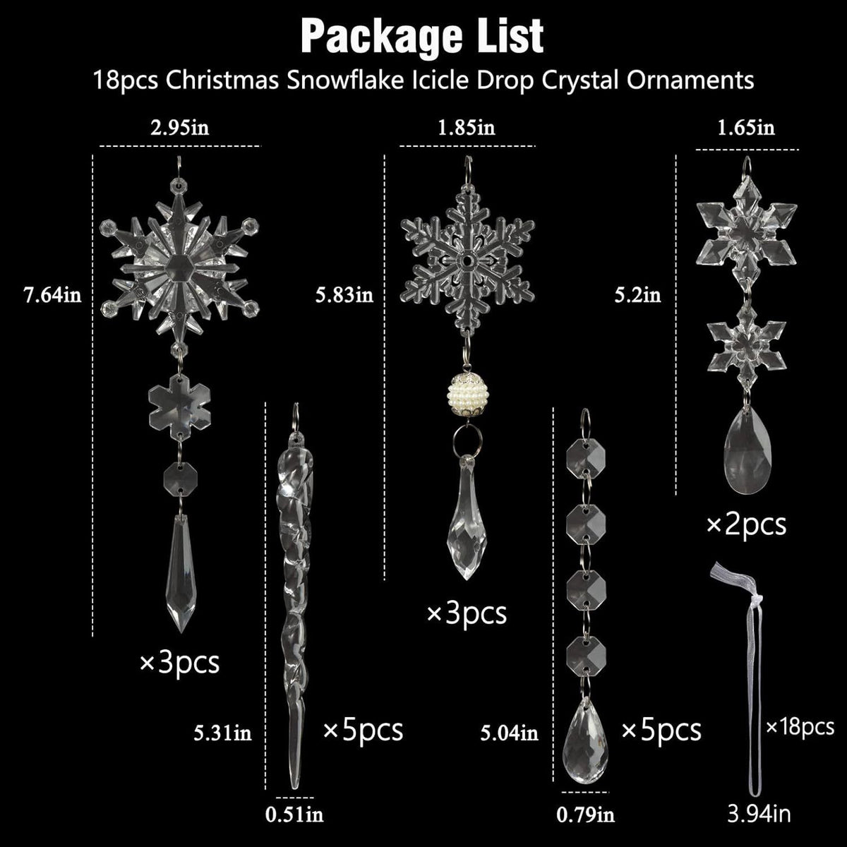 Christmas Crystal Snowflake Ornament 18-Piece Set - Hanging Acrylic Ice Snowflake Decorations for Christmas Tree - with Ribbon - Clear