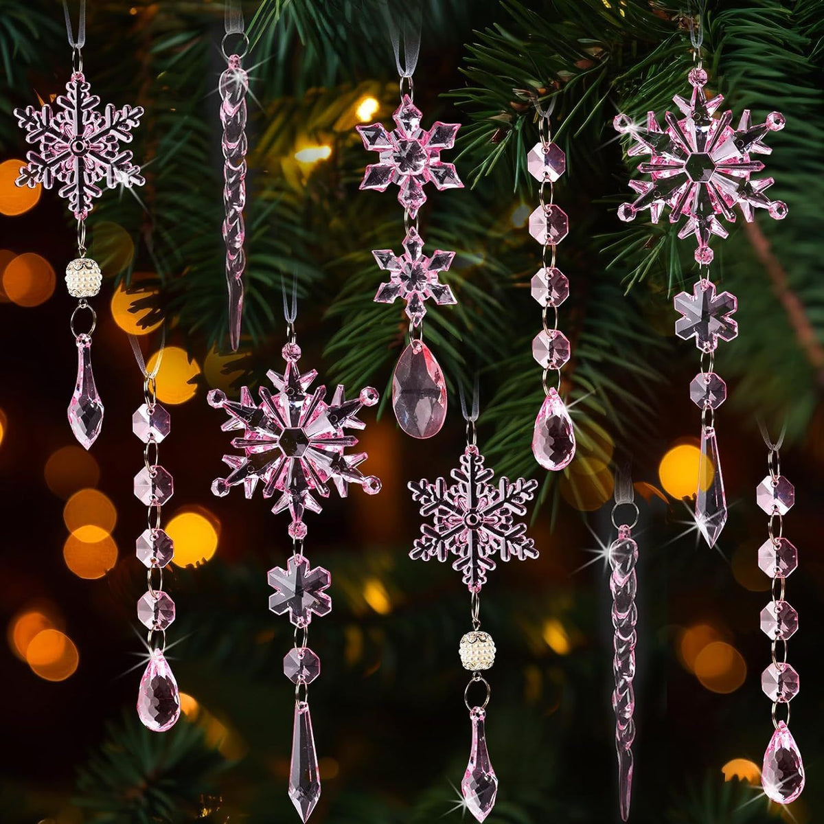 Christmas Crystal Snowflake Ornament 18-Piece Set - Hanging Acrylic Ice Snowflake Decorations for Christmas Tree - with Ribbon - Pink