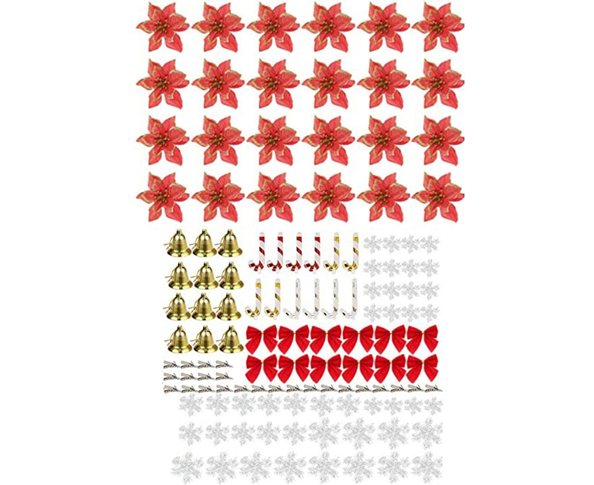 120Pcs Christmas Artificial Flower Bowknot Canes Bells-Red