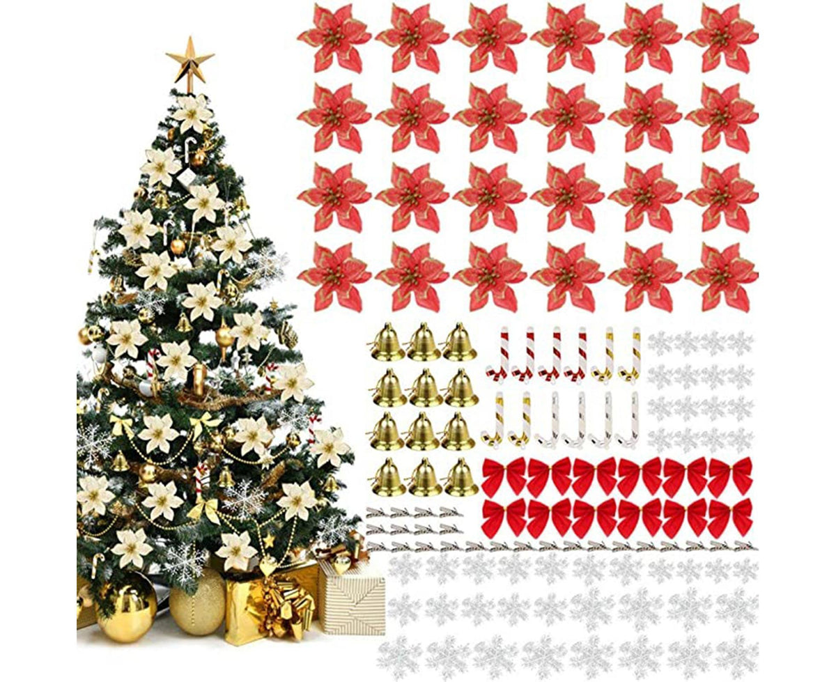 120Pcs Christmas Artificial Flower Bowknot Canes Bells-Red