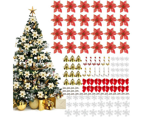 120Pcs Christmas Artificial Flower Bowknot Canes Bells-Red