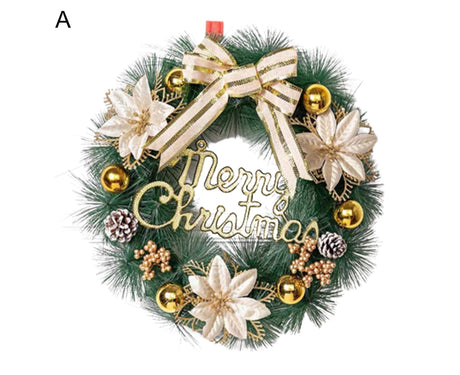 Xmas Wreath with Bow Colored Balls Three Flowers Ornamental Energy Saving Christmas Decoration Ultra-realistic Outdoor Lighted Christmas Wreath for Party-A