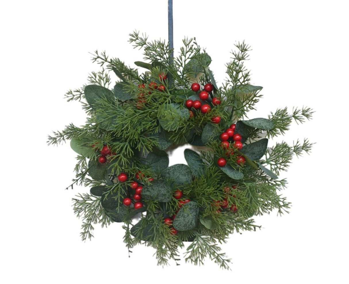 Artificial Christmas Wreath for Front Door Xmas Red Berry Wreath with Pine Needles Cones Winter Eucalyptus Wreath Christmas Decorations - 30CM
