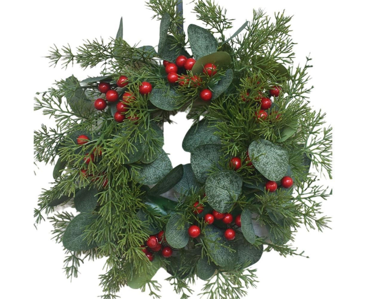 Artificial Christmas Wreath for Front Door Xmas Red Berry Wreath with Pine Needles Cones Winter Eucalyptus Wreath Christmas Decorations - 30CM