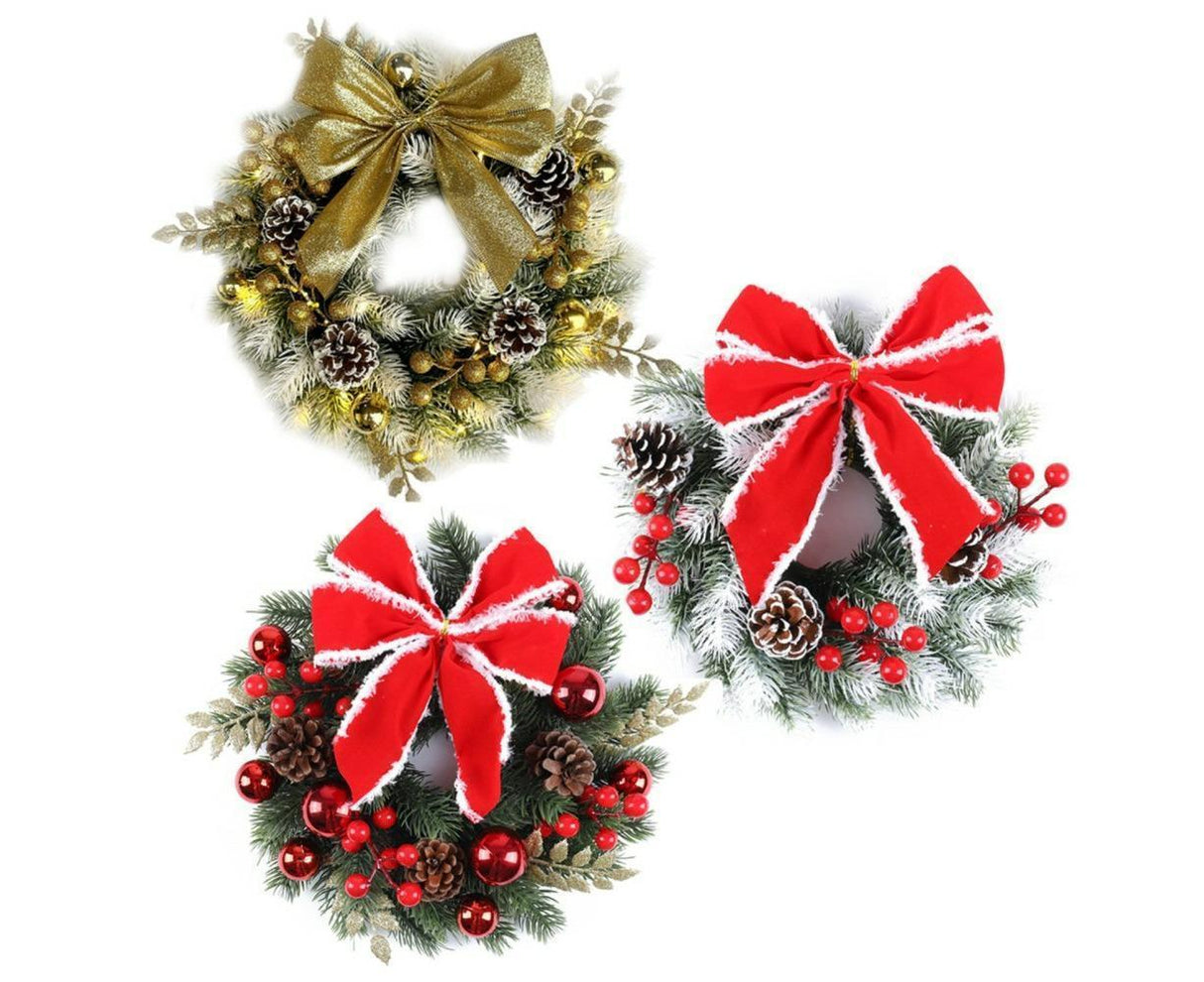 Christmas Decoration Wreath for Front Door, Wall Hanging Snowball Red Berry Pine Cone Garland Ornament for Xmas Party Indoors - 33cm