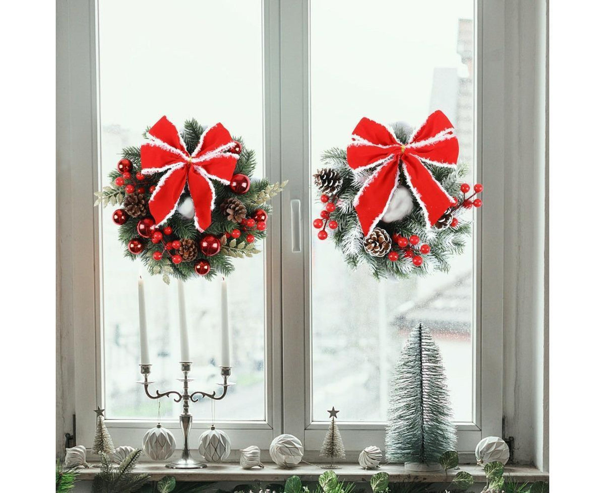 Christmas Decoration Wreath for Front Door, Wall Hanging Snowball Red Berry Pine Cone Garland Ornament for Xmas Party Indoors - 33cm