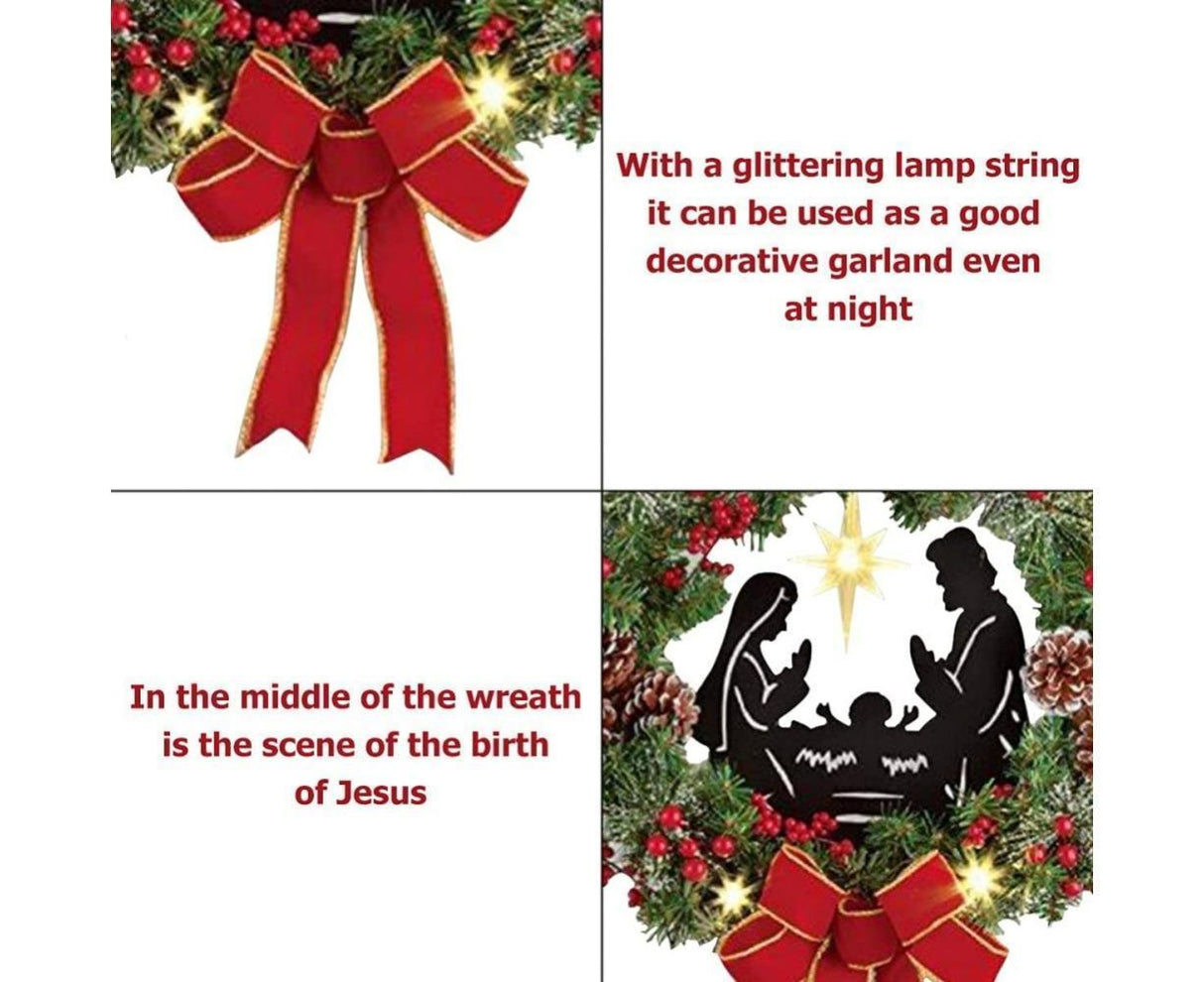 Christmas Wreath Christmas Ornament Decoration Holy Family Set Led Lights Candle Front Door Wall Christmas Hanging Sign Sacred - Red - 35*35*4cm