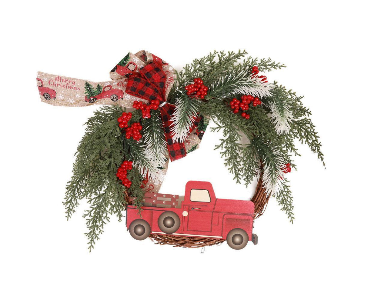 Christmas Wreath Front Door Wreath Decoration Red Truck Wreath Fall Farmhouse Wreath Indoor Outdoor, Artificial Wreath Welcome Wreath Retro Plaid Bow-Knot