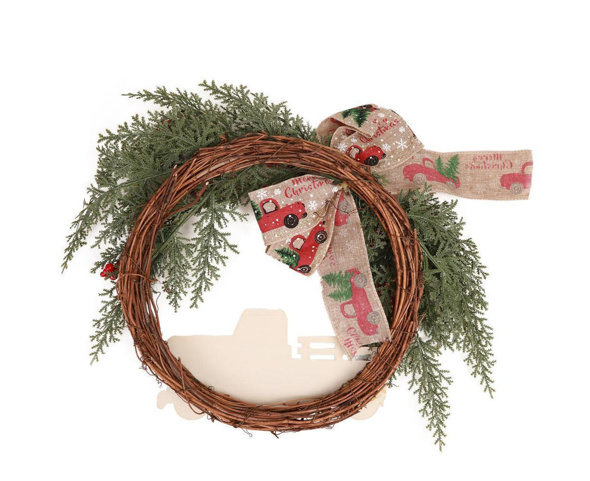 Christmas Wreath Front Door Wreath Decoration Red Truck Wreath Fall Farmhouse Wreath Indoor Outdoor, Artificial Wreath Welcome Wreath Retro Plaid Bow-Knot
