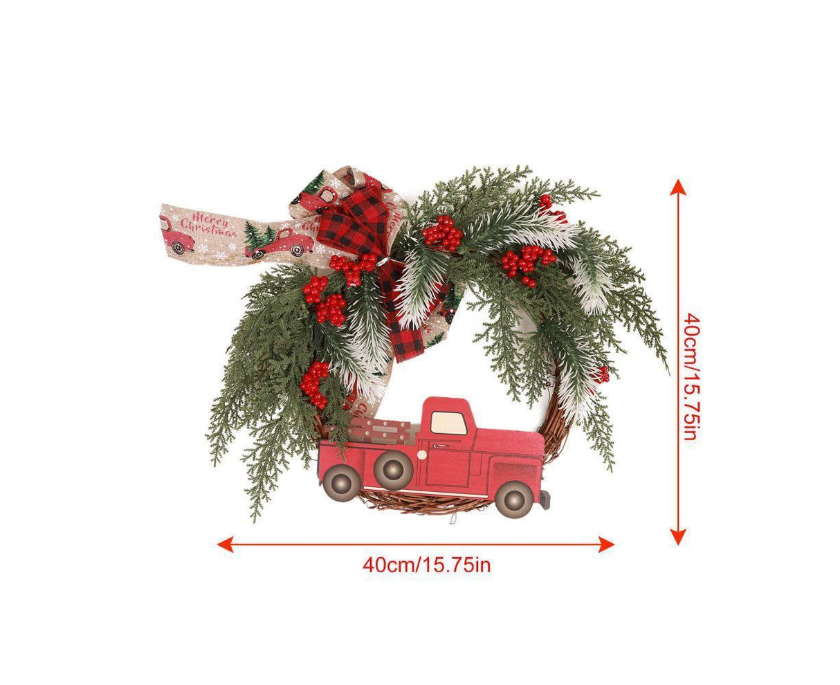 Christmas Wreath Front Door Wreath Decoration Red Truck Wreath Fall Farmhouse Wreath Indoor Outdoor, Artificial Wreath Welcome Wreath Retro Plaid Bow-Knot