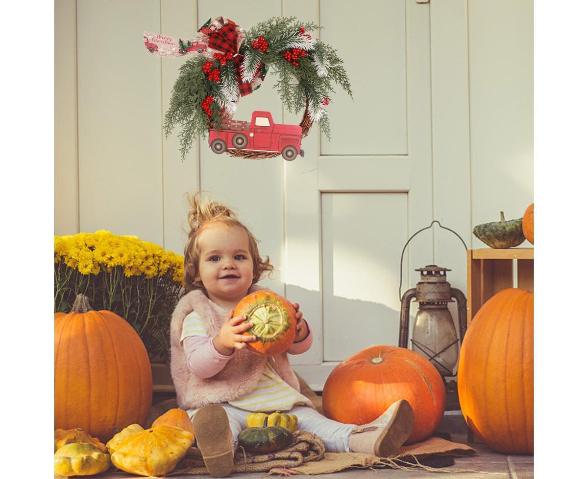 Christmas Wreath Front Door Wreath Decoration Red Truck Wreath Fall Farmhouse Wreath Indoor Outdoor, Artificial Wreath Welcome Wreath Retro Plaid Bow-Knot