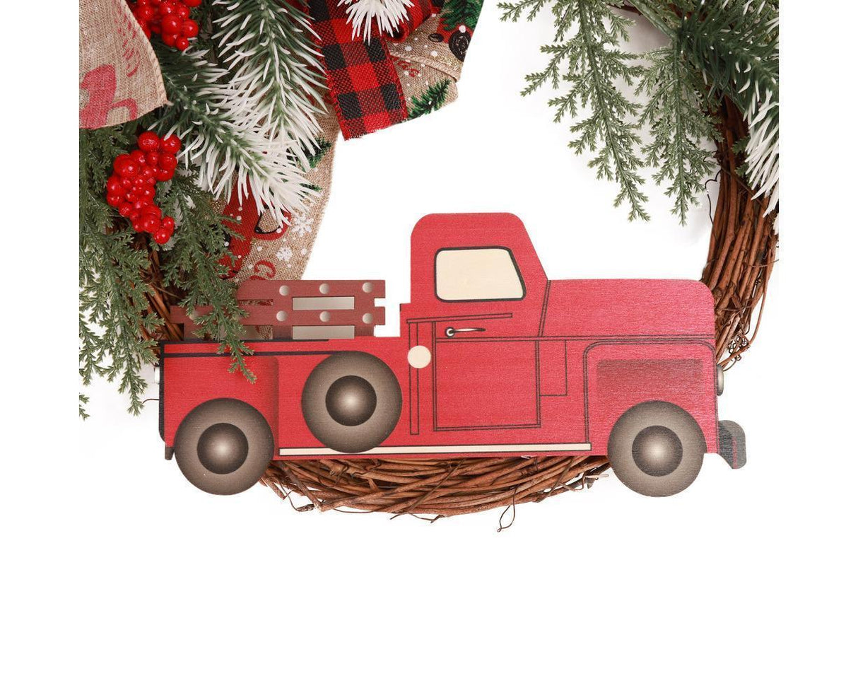 Christmas Wreath Front Door Wreath Decoration Red Truck Wreath Fall Farmhouse Wreath Indoor Outdoor, Artificial Wreath Welcome Wreath Retro Plaid Bow-Knot