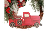 Christmas Wreath Front Door Wreath Decoration Red Truck Wreath Fall Farmhouse Wreath Indoor Outdoor, Artificial Wreath Welcome Wreath Retro Plaid Bow-Knot