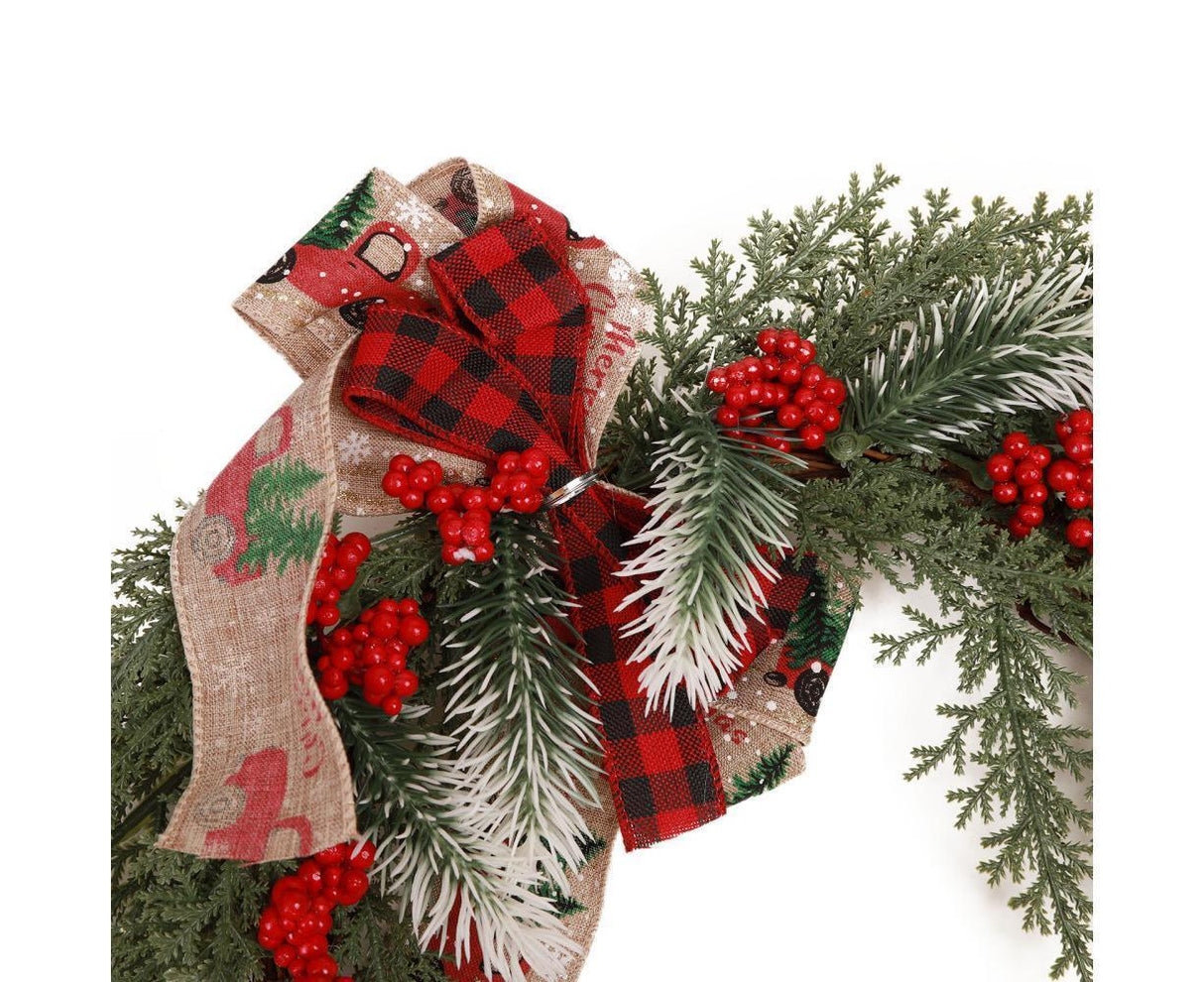 Christmas Wreath Front Door Wreath Decoration Red Truck Wreath Fall Farmhouse Wreath Indoor Outdoor, Artificial Wreath Welcome Wreath Retro Plaid Bow-Knot