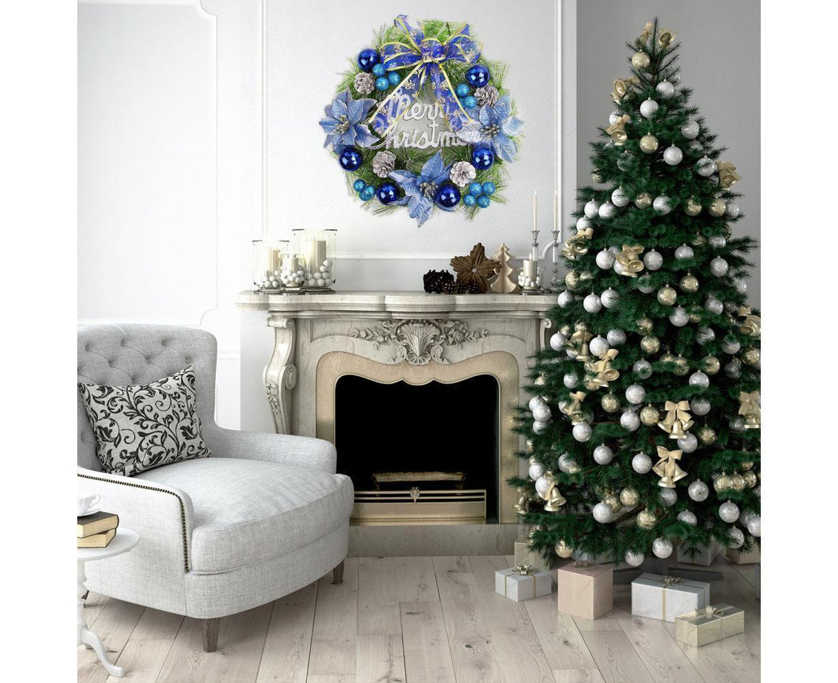 Christmas Wreath Merry Christmas Front Door Ornament Wall Artificial Pine Garland for Party Decor - blue - 30cm