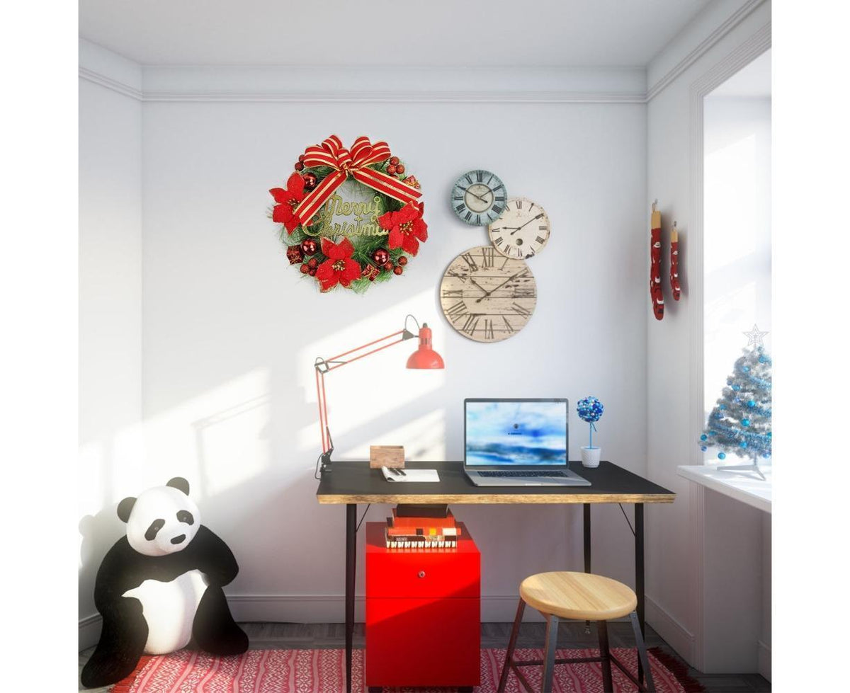 Christmas Wreath Merry Christmas Front Door Ornament Wall Artificial Pine Garland for Party Decor - red - 30cm