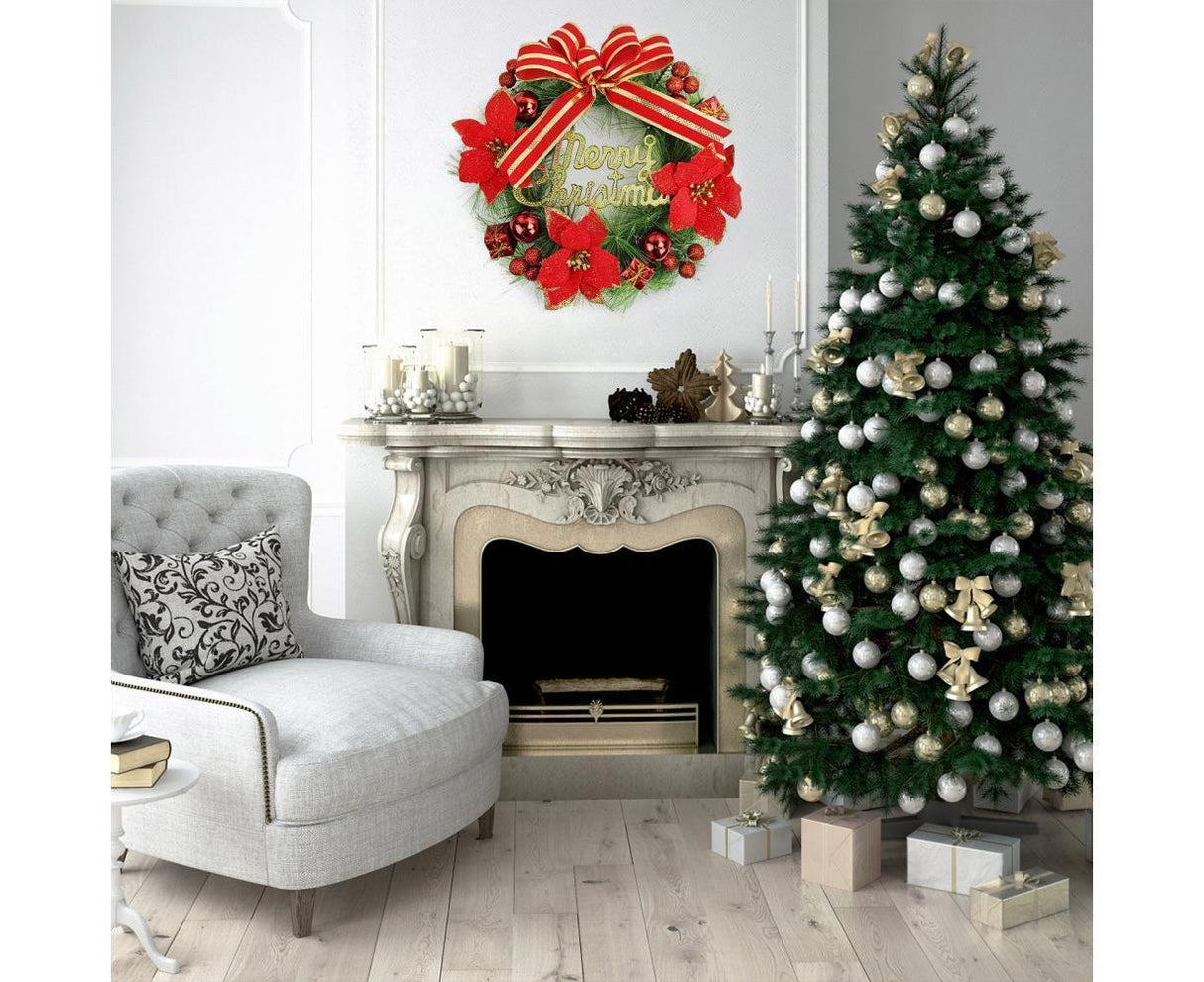 Christmas Wreath Merry Christmas Front Door Ornament Wall Artificial Pine Garland for Party Decor - red - 30cm