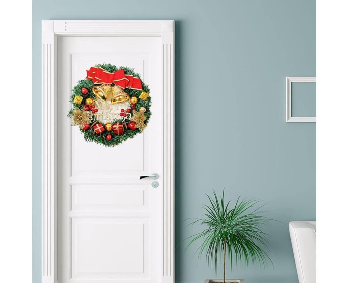 Christmas Wreath Merry Christmas Front Door Ornament Wall Artificial Pine Garland for Party Decor - red - 30cm