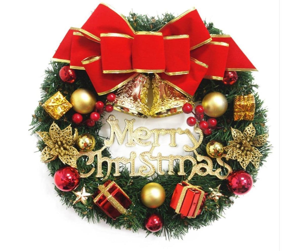 Christmas Wreath Merry Christmas Front Door Ornament Wall Artificial Pine Garland for Party Decor - red - 30cm